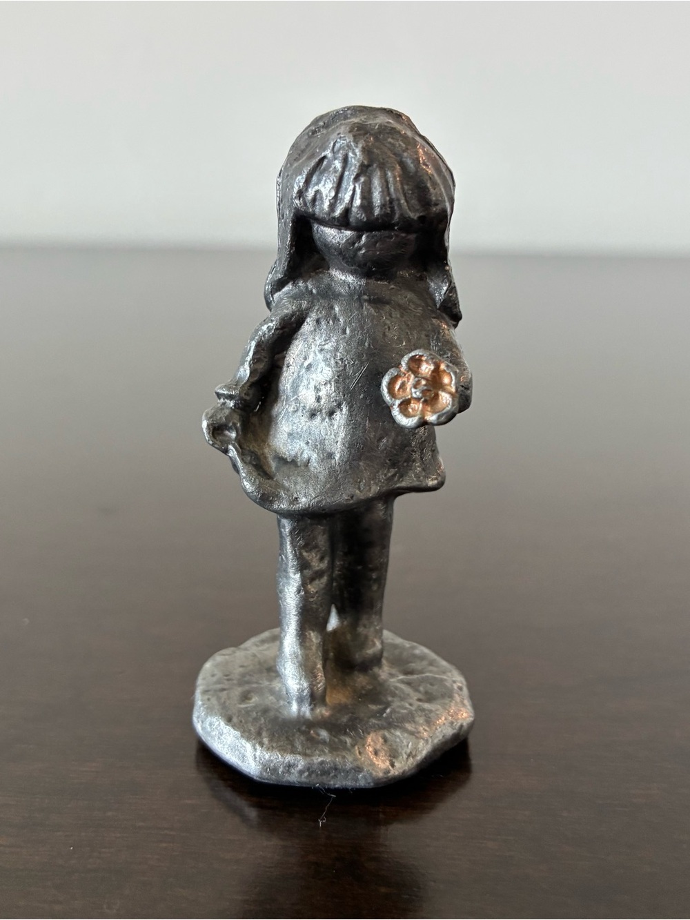 Vintage Pewter Figurine Girl With Flower